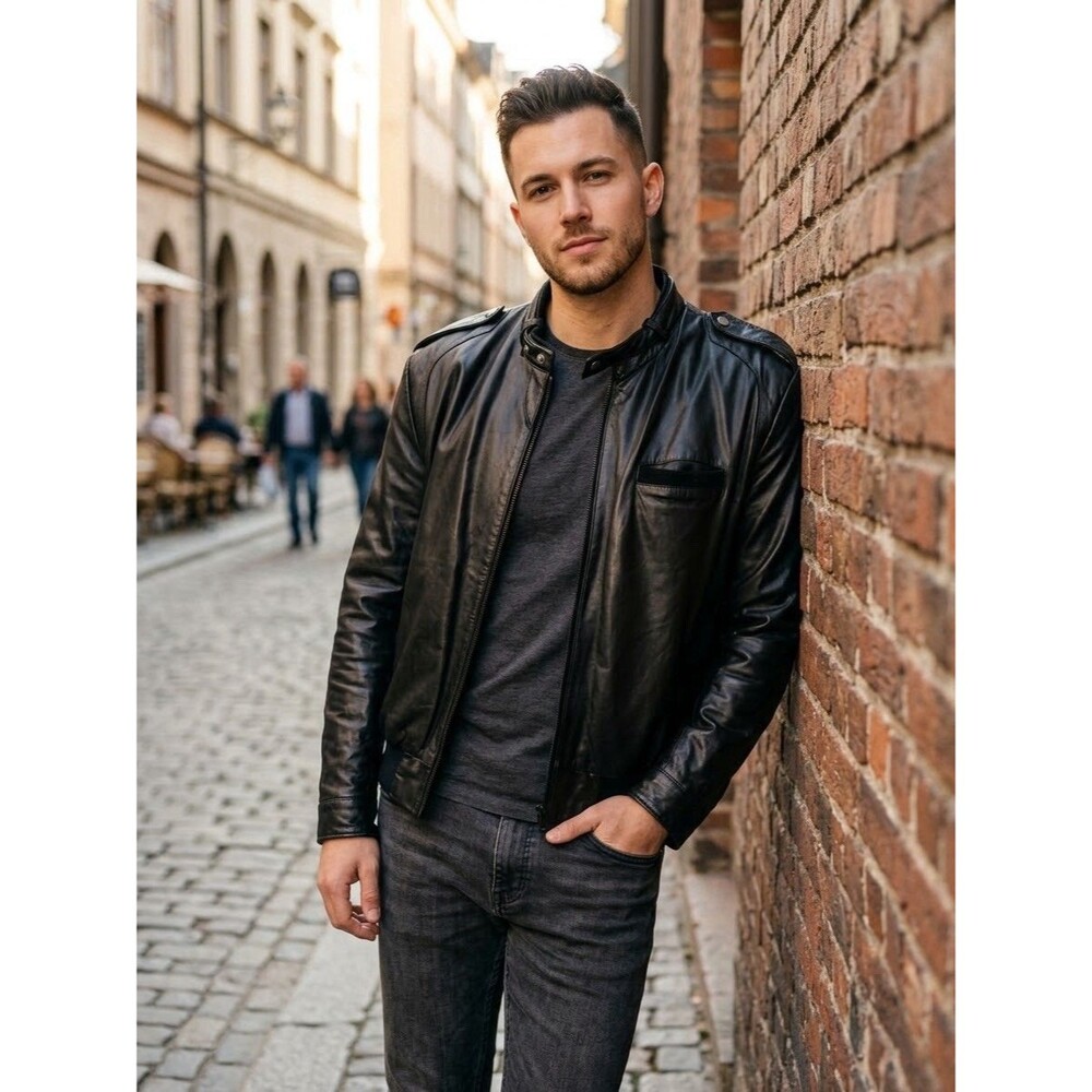 Robert Scott Mens 44 Leather Bomber Jacket Black Racer Zip Out Liner Moto Vtg